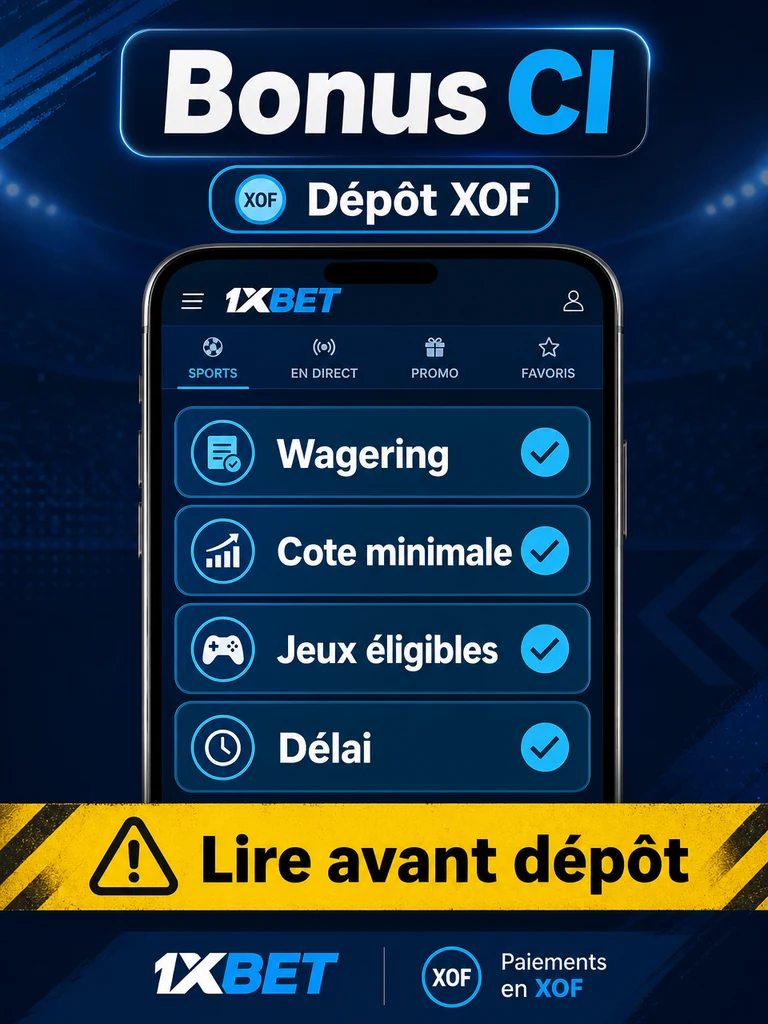 Infographie: conditions de bonus 1xBet CI à vérifier avant dépôt.