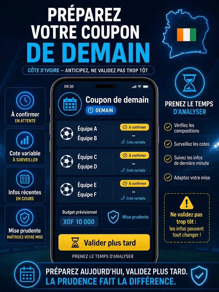 Infographie: préparer un coupon de demain sans valider trop tôt.