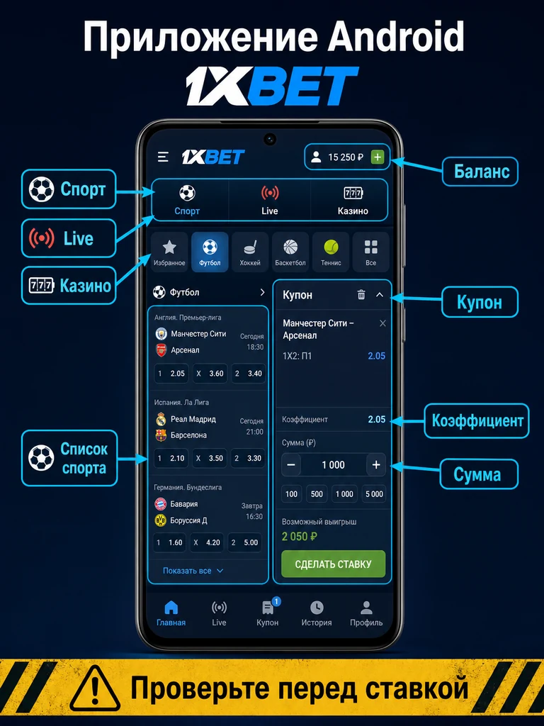 Инфографика: основные зоны приложения Android: спорт, live, купон и баланс.