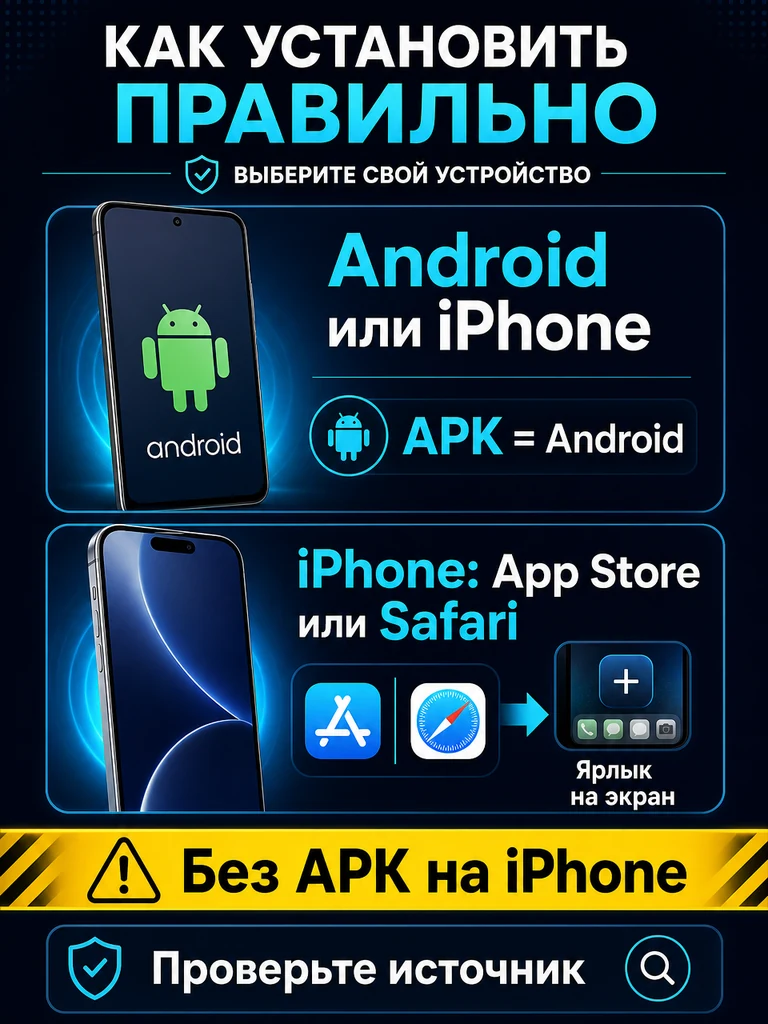 Инфографика: APK только для Android. На iPhone нужен App Store или Safari.