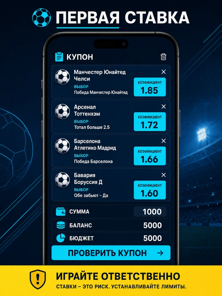Инфографика: первая ставка в приложении: выбор, коэффициент, сумма и бюджет.